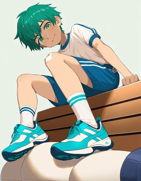 masterpiece, best quality, luye-style, simple background, full body, from below, 1boy, solo, green hair, green eyes, smile, gym uniform, gym shirt, blue shorts, sitting, looking down at viewer, bandaid on nose, bandage, sneakers, socks <lora:luye-yuan_naXL_v3c-ShoAI:1>
