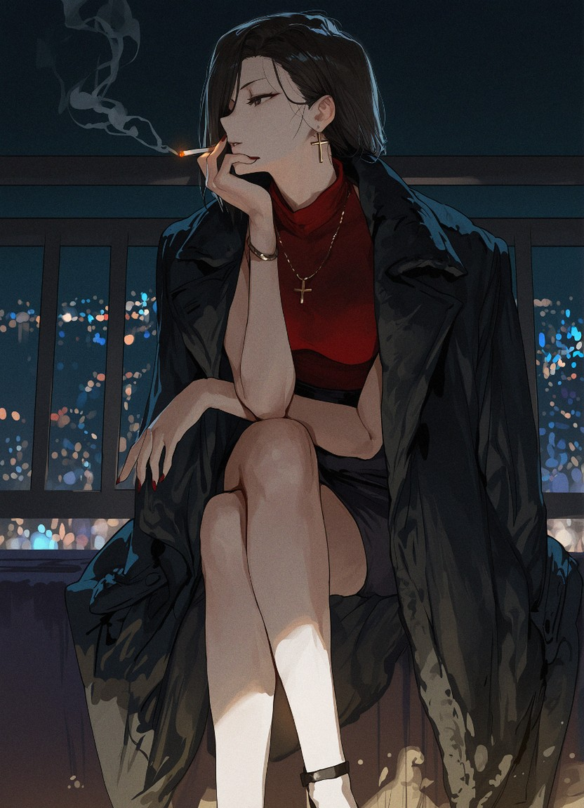 1girl,solo,shirt,skirt,black hair,dress,holding,sitting,jacket,pantyhose,shoes,sleeveless,black skirt,black footwear,coat,black jacket,high heels,looking to the side,sleeveless shirt,crossed legs,red shirt,black coat,cigarette,head rest,jacket on shoulders,smoking,hand on own chin,between fingers,holding cigarette,coat on shoulders,elbow rest,fashion,hand up,legs,bare legs BREAK short hair,jewelry,outdoors,earrings,necklace,hair over one eye,black eyes,makeup,night,black background,cross,smoke,red lips,half-closed eyes,hair behind ear,asian BREAK masterpiece,best quality,very aesthetic,aruhshura AND bare legs,legs,hand up,fashion,elbow rest,coat on shoulders,holding cigarette,between fingers,hand on own chin,smoking,jacket on shoulders,head rest,cigarette,black coat,red shirt,crossed legs,sleeveless shirt,looking to the side,high heels,black jacket,coat,black footwear,black skirt,sleeveless,shoes,pantyhose,jacket,sitting,holding,dress,black hair,skirt,shirt,solo,1girl BREAK asian,hair behind ear,half-closed eyes,red lips,smoke,cross,black background,night,makeup,black eyes,hair over one eye,necklace,earrings,outdoors,jewelry,short hair BREAK aruhshura,very aesthetic,best quality,masterpiece