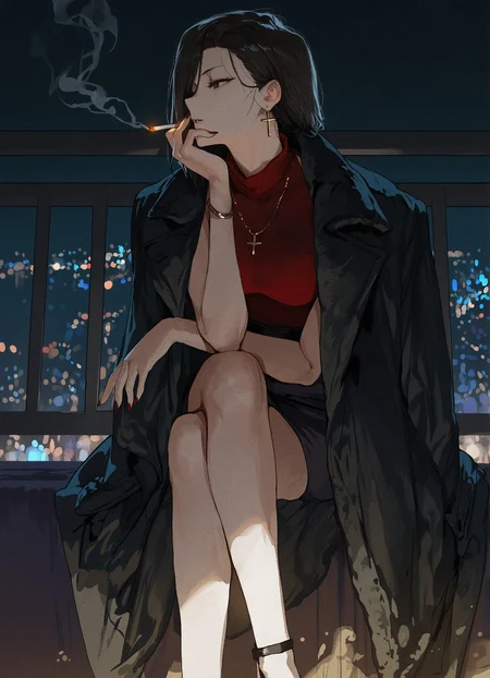 1girl,solo,shirt,skirt,black hair,dress,holding,sitting,jacket,pantyhose,shoes,sleeveless,black skirt,black footwear,coat,black jacket,high heels,looking to the side,sleeveless shirt,crossed legs,red shirt,black coat,cigarette,head rest,jacket on shoulders,smoking,hand on own chin,between fingers,holding cigarette,coat on shoulders,elbow rest,fashion,hand up,legs,bare legs BREAK short hair,jewelry,outdoors,earrings,necklace,hair over one eye,black eyes,makeup,night,black background,cross,smoke,red lips,half-closed eyes,hair behind ear,asian BREAK masterpiece,best quality,very aesthetic,aruhshura AND bare legs,legs,hand up,fashion,elbow rest,coat on shoulders,holding cigarette,between fingers,hand on own chin,smoking,jacket on shoulders,head rest,cigarette,black coat,red shirt,crossed legs,sleeveless shirt,looking to the side,high heels,black jacket,coat,black footwear,black skirt,sleeveless,shoes,pantyhose,jacket,sitting,holding,dress,black hair,skirt,shirt,solo,1girl BREAK asian,hair behind ear,half-closed eyes,red lips,smoke,cross,black background,night,makeup,black eyes,hair over one eye,necklace,earrings,outdoors,jewelry,short hair BREAK aruhshura,very aesthetic,best quality,masterpiece