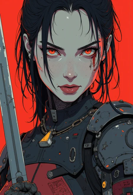 <lora:ck-nc-luminal-genesis:1>, close-up shot of a dressed in futuristic hard surfaced dark sci-fi, slightly oval cross section look, battle scratched armor, a kimono, mysterious white skin mexican wabi-sabi mercenary battle droid humanoid woman with a lot of mechanical parts looking at the viewer, wielding a combat knife, 1800'S, - Bosmer hybrid, Scribe, equirectangular 360, Flirty expression, Romantic, whimsical, Fast Shutter Speed, Lomography Color 100, red and black palette, highly detailed Mayhem style , background bizarre techno ghetto transmission, style minimalist, conceptual art posing Japanese, conceptual, illustration, cinematic, photo epic action, cinematic, award winning artwork, many details, patterned illumination, bad VHS tape image artifacts, anime style, key visual, vibrant, studio anime,
<lora:Anime v1.3:0.2>
<lora:CPA:0.4>