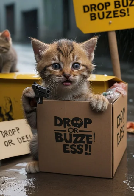A box of kittens, criminal, a criminal is sitting beside the box, hoodlum is holding a gun in one hand pointing gun at box, and (holding up a sign that says text: "drop buzz or else!":1.4), outdoors, poor, wall, (wet fur:1.1),(sad, tears from eyes), (crying:1.5), street, low angle, 8k, ultra detailed, cinematic, rain, close-up, crime, trash, dirty