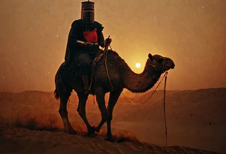 n-eeyblch, Dark neon-pastel Photo of creepy Vintage black Knight riding a majestic Camel in nightly desert, red black knight logo at chest, followed by warriors standing in a row, front view, yellow Stars in night Sky, very detailed, atmospheric haze, Film grain, cinematic film still, shallow depth of field, highly detailed, high budget, cinemascope, moody, epic, OverallDetail, gorgeous, 2000s vintage RAW photo, photorealistic, candid camera, color graded cinematic, eye catchlights, atmospheric lighting, skin pores, imperfections, natural, shallow dof