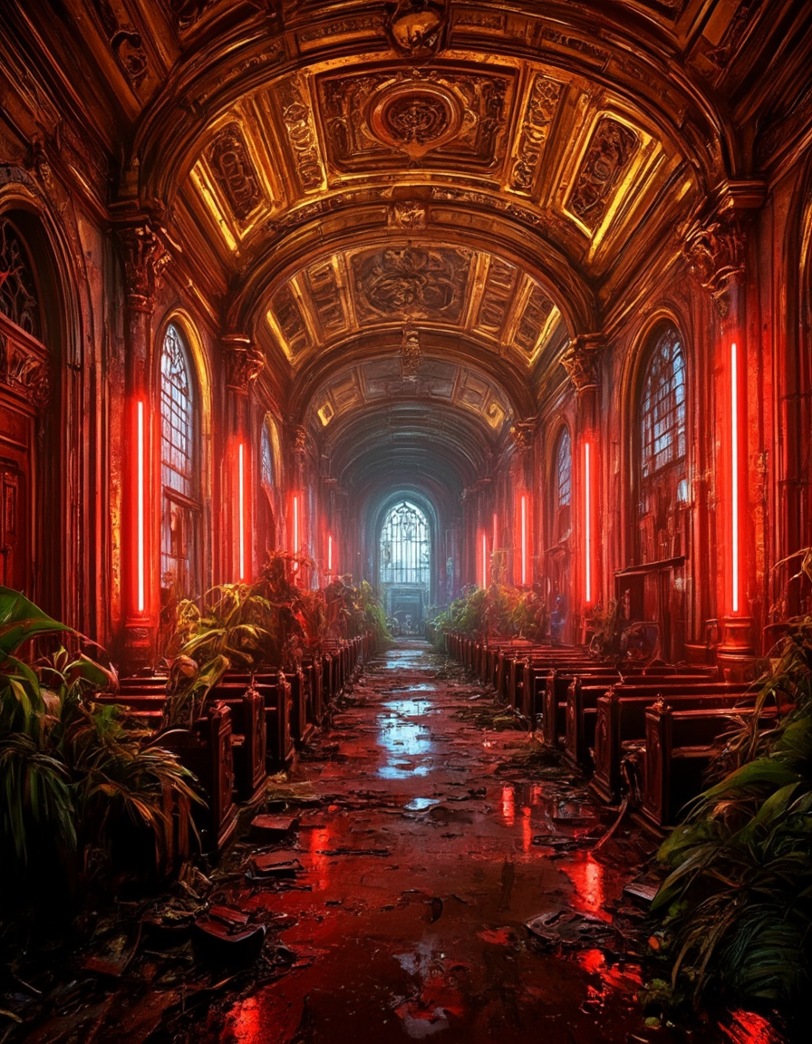 <lora:City_Worlds02_Lost_Operaflux:1>  cw02lost, cyberpunk, baroque, gold, rich room interior, neons, wet, vegetation, abandoned church, dirty, windows, crackled, decay,