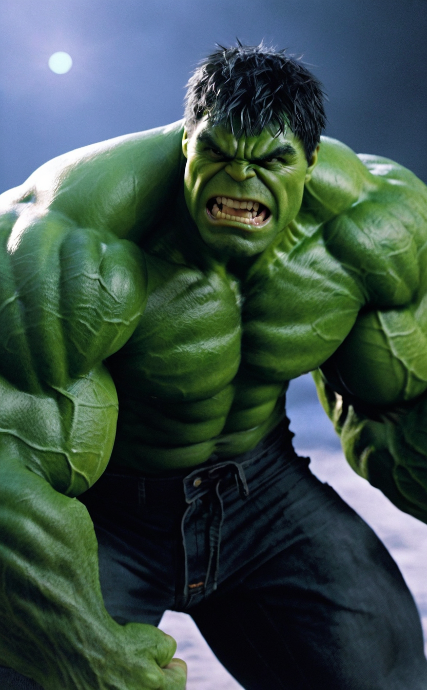 leogirl, realistic photography, 
Lit by the cool moonlight, the Hulk's green skin takes on an otherworldly hue. The diffused light softens the harshness of his monstrous form, while highlighting his muscular physique. His face is half-cast in shadow, portraying the duality of his existence.
close up, <lora:add-detail-xl:0.3>