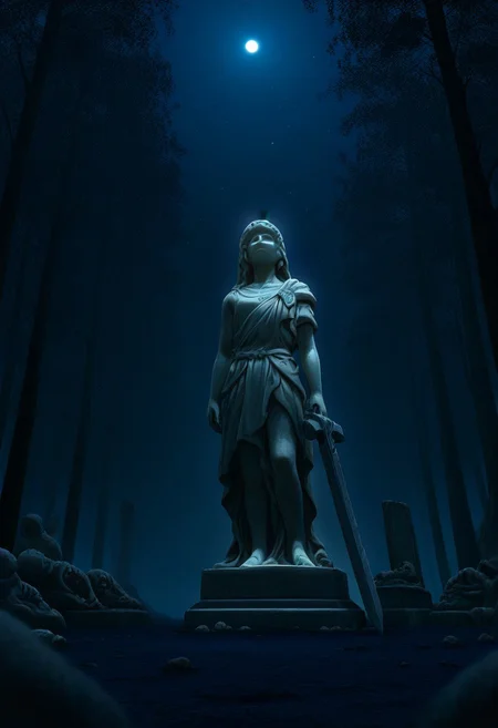 masterpiece, best quality, amazing quality, very aesthetic, high resolution, ultra-detailed, absurdres, newest, scenery, in the middle of a dark forest, dark, depth of field, broken statue\(ruined:1.5\), a female knight, upraising a stone sword toward sky, a ray of sunshine, marble statue, white statue, wide angle shot,