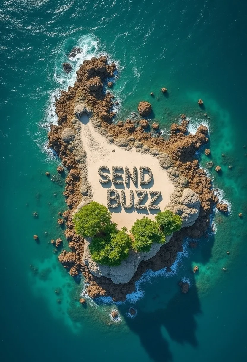 Bird's-eye view of a small island stranded in the middle of the ocean, center frame a bunch of rocks arranged to spell out "SEND BUZZ". little tropical vegetation, bright, sunny, ocean waves lapping at the shore.