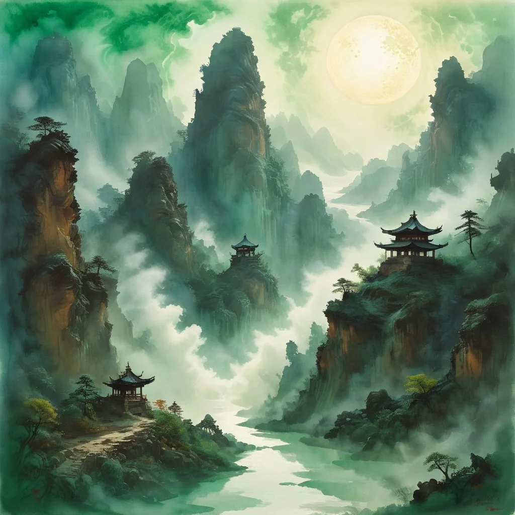 (Ink illustration on parchment, watercolor, ink splashes, Ukiyo-E). ((watercolor)), ((Chinese landscape)), Pagodas, Red-Trees, landscape focus, small figure off-side, Chinese Mountains, Rivers, Clouds, with watercolor washes, (((verdant green landscape))), (((mist, waterfalls))), trees, lush foliage, endless karth mountains that stretch outward to the horizon, a lone woman traversing the landscape!! wearing a bright blue cloak to make the miniscule figure stand out in a landscape dotted with the ruins of an ancient destroyed civilisation, crumbling stone, degraded buildings and temple, a long magical aurora borealis stretching across the sky, a broken moon high in the sky partially turned into an asteroid belt, a Saturn-like ringed-planet world, flickers of magical energy illuminating the land, in the far distance a giant wall of smoke is rising from the shattered earth in which a multitude of faces are forming and screaming, Ink splashes, rough ink sketch, Ghibli style, high contrast, stylized, dark skin, close up on face, head and shoulder, leather medieval top with lowered hood, Art Nouveau Style, detailxl, BadDream, dioramas,