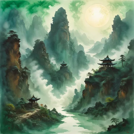(Ink illustration on parchment, watercolor, ink splashes, Ukiyo-E). ((watercolor)), ((Chinese landscape)), Pagodas, Red-Trees, landscape focus, small figure off-side, Chinese Mountains, Rivers, Clouds, with watercolor washes, (((verdant green landscape))), (((mist, waterfalls))), trees, lush foliage, endless karth mountains that stretch outward to the horizon, a lone woman traversing the landscape!! wearing a bright blue cloak to make the miniscule figure stand out in a landscape dotted with the ruins of an ancient destroyed civilisation, crumbling stone, degraded buildings and temple, a long magical aurora borealis stretching across the sky, a broken moon high in the sky partially turned into an asteroid belt, a Saturn-like ringed-planet world, flickers of magical energy illuminating the land, in the far distance a giant wall of smoke is rising from the shattered earth in which a multitude of faces are forming and screaming, Ink splashes, rough ink sketch, Ghibli style, high contrast, stylized, dark skin, close up on face, head and shoulder, leather medieval top with lowered hood, Art Nouveau Style, detailxl, BadDream, dioramas,