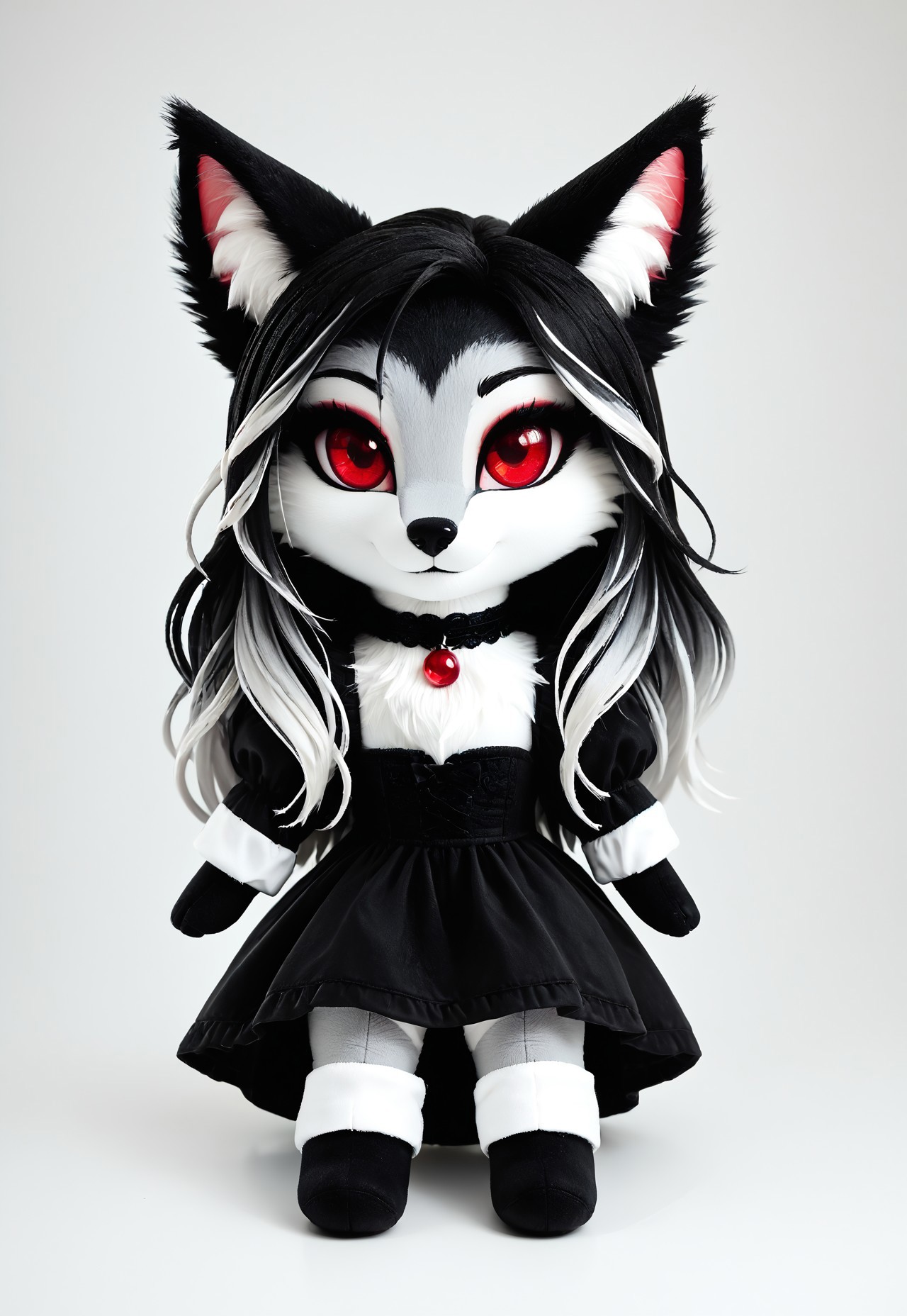 masterpiece, score_9_up, score_8_up, score_7_up, score_6_up, source_furry, (best quality:1.1), ultra-detailed, high resolution, solo, highly detailed macro illustration, solo, 1girl, Zirra, anthro, fox canine, female, black fluffy ears, white fluff in ears, black thin eyebrows, (two-colored hair, black and white hair), hair over one eye, long hair, highlights, (beautiful red eyes:1.4), (red make-up:1.1), big eyes, (long eyelashes:1.2), long hair, two-color fur, black fur, white fur, black animal nose, gothic aesthetic, black dress, choker with red gem, (cute evil face:1.2), :3 BREAK (simple background) BREAK highly visible, sharp focus, anatomically correct BREAK fumo, fumos, plushie, cute, toys, dolls, toy, fumo style, Fumo plush doll, fumo \(doll\)