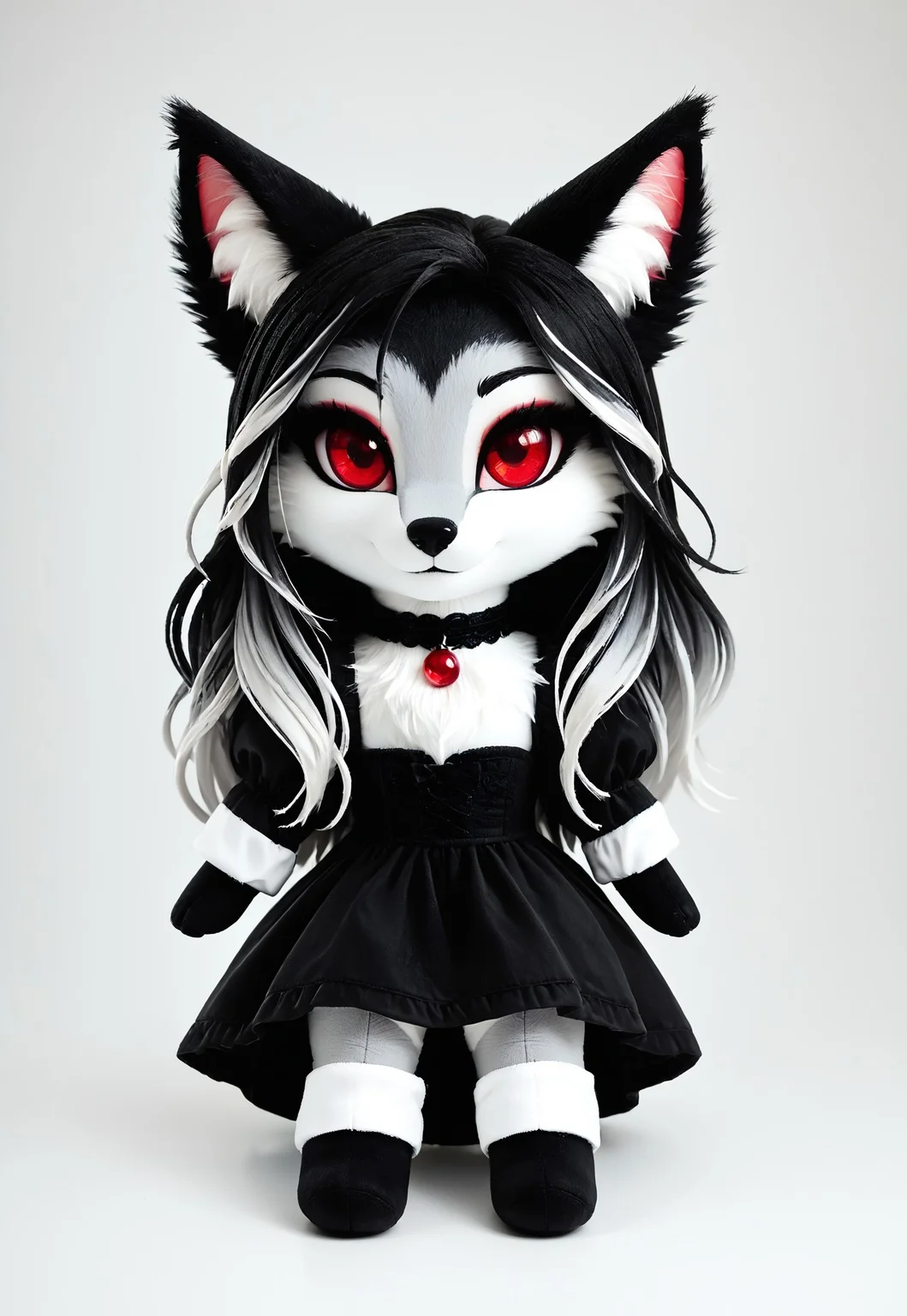 masterpiece, score_9_up, score_8_up, score_7_up, score_6_up, source_furry, (best quality:1.1), ultra-detailed, high resolution, solo, highly detailed macro illustration, solo, 1girl, Zirra, anthro, fox canine, female, black fluffy ears, white fluff in ears, black thin eyebrows, (two-colored hair, black and white hair), hair over one eye, long hair, highlights, (beautiful red eyes:1.4), (red make-up:1.1), big eyes, (long eyelashes:1.2), long hair, two-color fur, black fur, white fur, black animal nose, gothic aesthetic, black dress, choker with red gem, (cute evil face:1.2), :3 BREAK (simple background) BREAK highly visible, sharp focus, anatomically correct BREAK fumo, fumos, plushie, cute, toys, dolls, toy, fumo style, Fumo plush doll, fumo \(doll\)