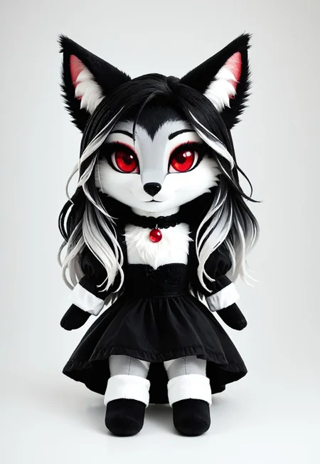 masterpiece, score_9_up, score_8_up, score_7_up, score_6_up, source_furry, (best quality:1.1), ultra-detailed, high resolution, solo, highly detailed macro illustration, solo, 1girl, Zirra, anthro, fox canine, female, black fluffy ears, white fluff in ears, black thin eyebrows, (two-colored hair, black and white hair), hair over one eye, long hair, highlights, (beautiful red eyes:1.4), (red make-up:1.1), big eyes, (long eyelashes:1.2), long hair, two-color fur, black fur, white fur, black animal nose, gothic aesthetic, black dress, choker with red gem, (cute evil face:1.2), :3 BREAK (simple background) BREAK highly visible, sharp focus, anatomically correct BREAK fumo, fumos, plushie, cute, toys, dolls, toy, fumo style, Fumo plush doll, fumo \(doll\)