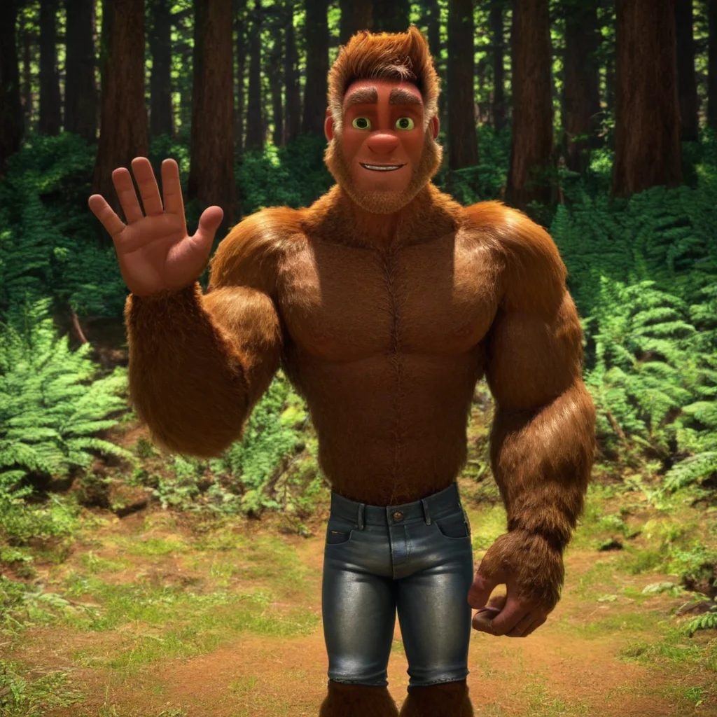 bigfoot, hairy, tall, muscular, bara, green eyes, wearing jeans, in a forest, brown fur, solo, alone, waving to viewer