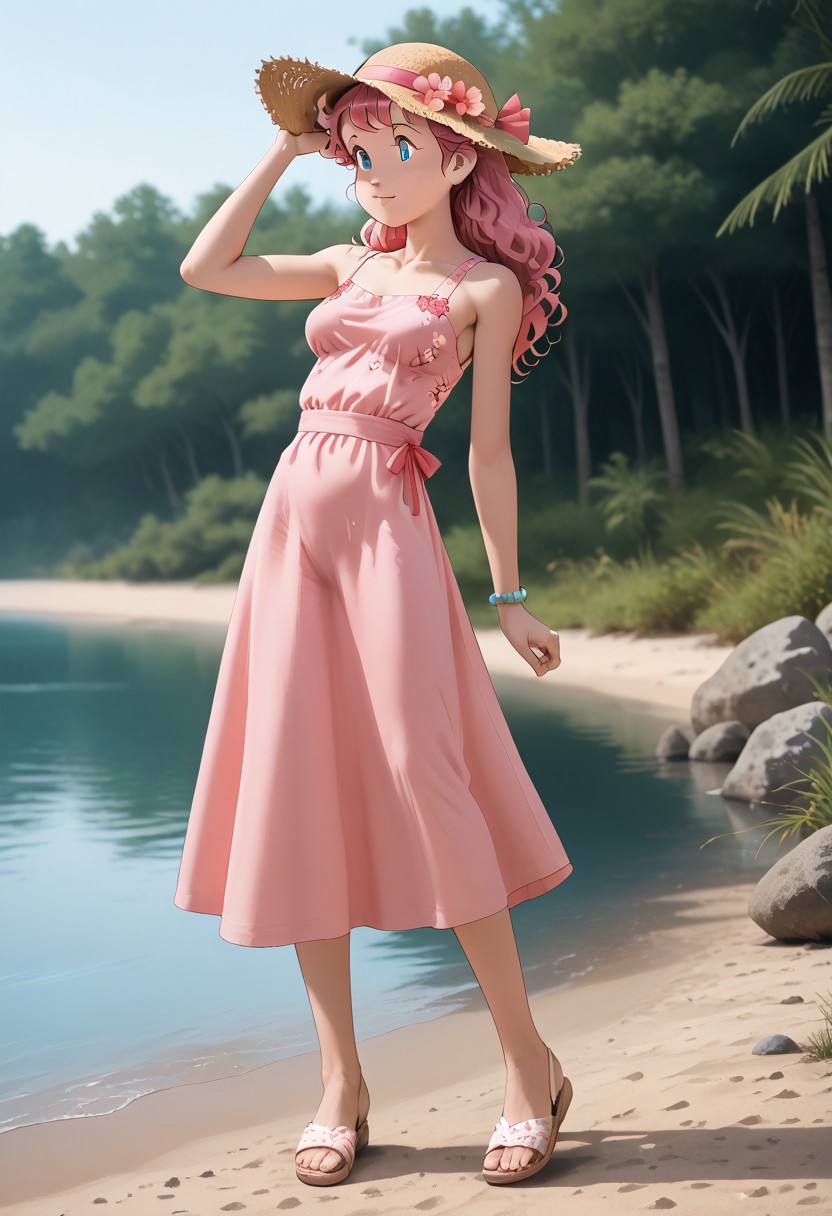 score_9_up, score_8_up, score_7_up, score_6_up, masterpiece, best quality, high quality, newest, highres, cote_style, 1girl, pink hair, long hair, blue eyes, medium breasts, summer dress, sandals, hat, outdoor, river