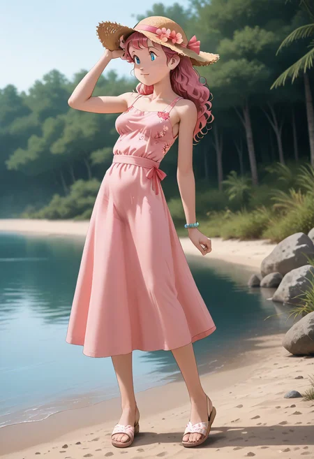 score_9_up, score_8_up, score_7_up, score_6_up, masterpiece, best quality, high quality, newest, highres, cote_style, 1girl, pink hair, long hair, blue eyes, medium breasts, summer dress, sandals, hat, outdoor, river