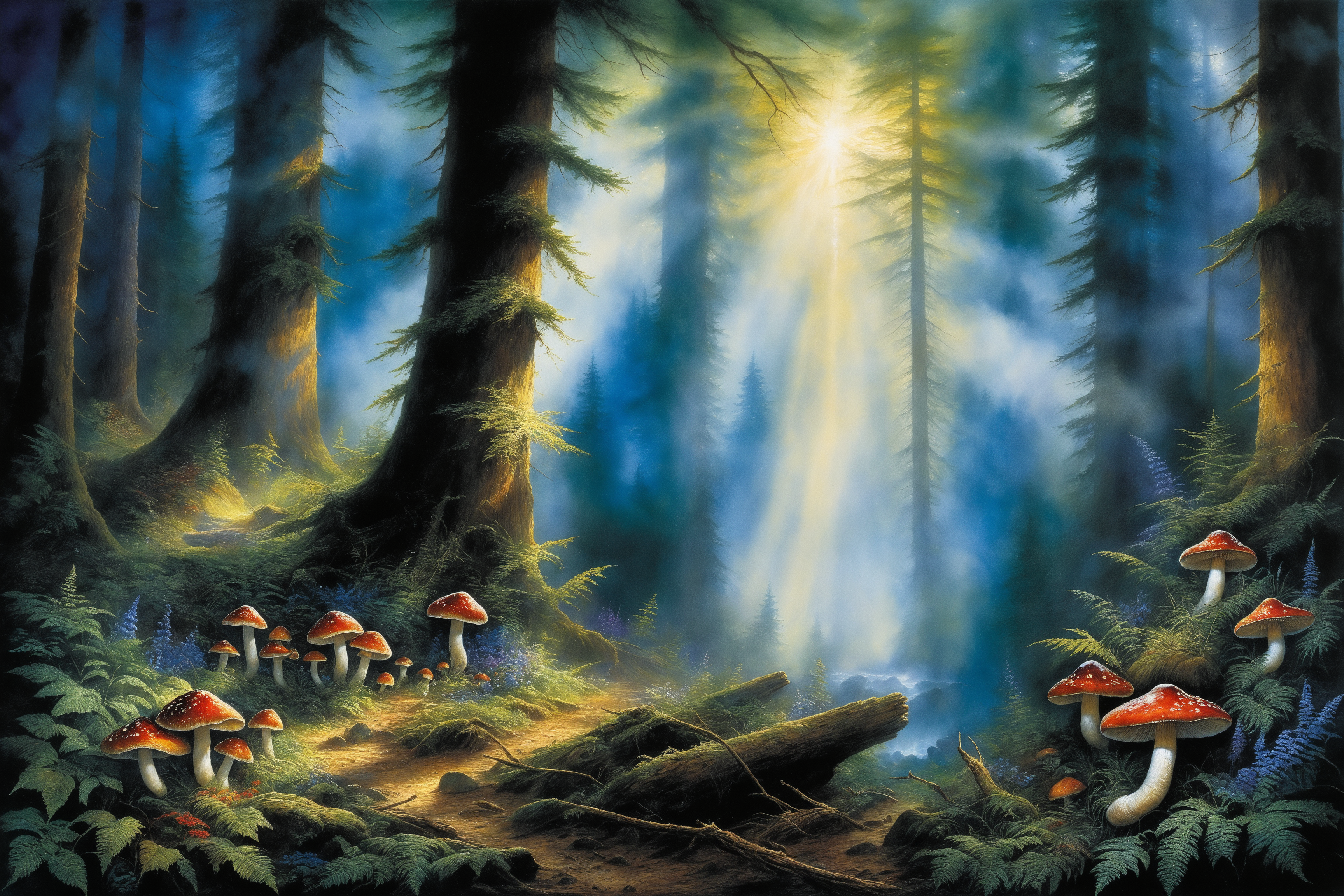 (high contrast:1.2), (Watercolor on textured paper:1.3), A vibrant and moody intricately detailed forest scene, (Extreme detail:1.2), dramatic lighting with a focus on vivid, contrasting colors against a dark background, lush foliage in rich greens, blues, and purples, illuminated by ethereal light shafts breaking through the dense canopy, glowing mushrooms and small, colorful creatures adding life and color, mist weaving through the trees enhancing the mystical atmosphere, (vibrant colors:1.1), (depth of field:1.1), masterpiece, 8k, influenced by (Alexandre Calame:1.2) for his atmospheric landscapes, (Ivan Shishkin:1.2) for his detailed forest textures, (Albert Bierstadt:1.2) for his use of light and shadow in wilderness scenes, with a nod to (James Gurney:1.2) for his imaginative use of color and fantasy elements, <lora:watercolor_sdxl-000008:0.5>, masculine color pallet, <lora:add_detail:1>