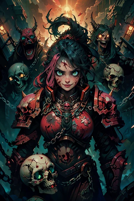 highres, masterpiece, perfect lighting, bloom, cinematic lighting, adult, perfect skin, female, looking at viewer, (RSEEmma:1.5), khorne, armor, skull, blood on face, blood on clothes, spiked armor, chain, <lora:RSERomantic_RSESofiko_RSEEmma-v1:0.3>, <lora:breastinClass:0.2>, vivid green eyes, thick eyebrows, parted bangs, black hair:pink hair, freckles, long flowing hair, ponytail, :), smile, <lora:khorne:1>