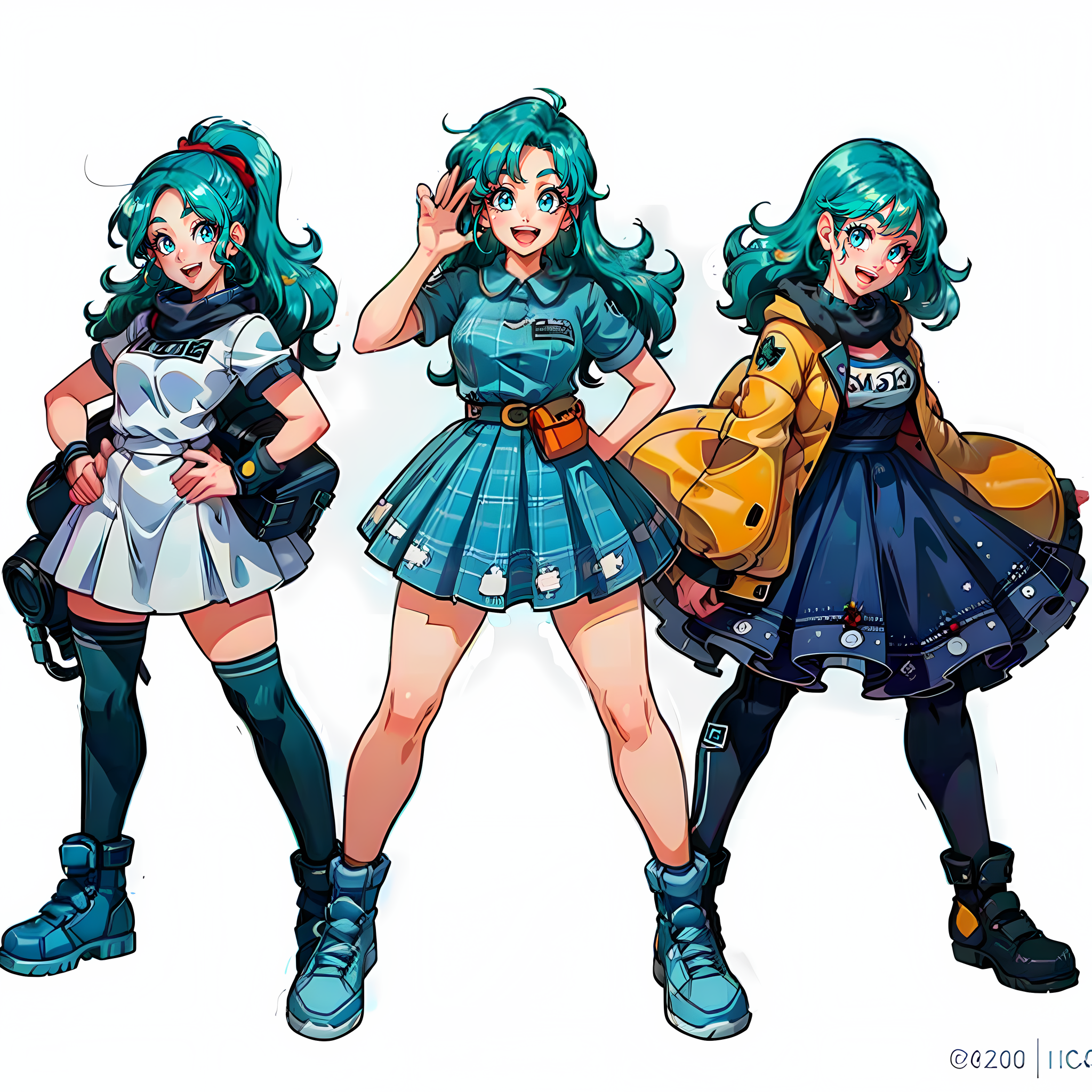 1girl, (MoreOutfits:1.4), (clothes variation, multiple views:1), (3views), full body,  (dress), curvy, looking at viewer, smile, :D, cute pose, (dynamic_pose:1.2), wide shot, (white background:1), 
(masterpiece:1.2), (best quality, highest quality), (ultra detailed), (8k, 4k, intricate), detailed eyes,
<lora:MoreOutFits_Concept-10:0.8> <lora:more_details:0.3>  <lora:bulma_9:0.55> blue hair, long hair,