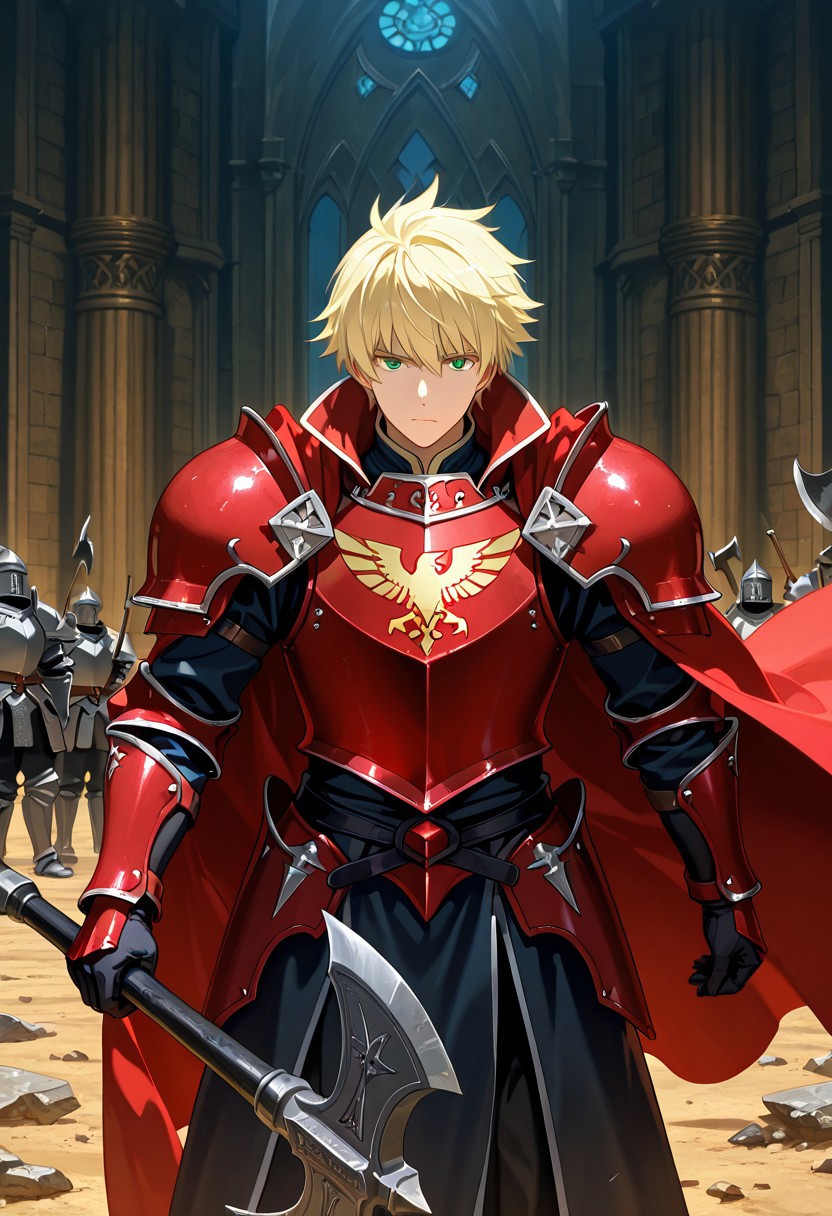 hush_middy, green eyes, light blond hair, 1boy, solo focus, he is dressed in a suit of red iron platemail, Break, he is holding up a black coloured axe, white-lined in axe, Properly holding the axe, his armour bears a crest of a yellow eagle, fantasy armour, stylized silver eagle emblems and symbols on armour and sheild, Break, epic background is a a beautiful palace, a strong wind is blowing his cape, heavy plate armour, red-whited coloured armour, detailed draw, detailed eyes, high quality, best quality, high definition