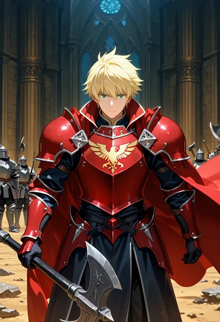hush_middy, green eyes, light blond hair, 1boy, solo focus, he is dressed in a suit of red iron platemail, Break, he is holding up a black coloured axe, white-lined in axe, Properly holding the axe, his armour bears a crest of a yellow eagle, fantasy armour, stylized silver eagle emblems and symbols on armour and sheild, Break, epic background is a a beautiful palace, a strong wind is blowing his cape, heavy plate armour, red-whited coloured armour, detailed draw, detailed eyes, high quality, best quality, high definition