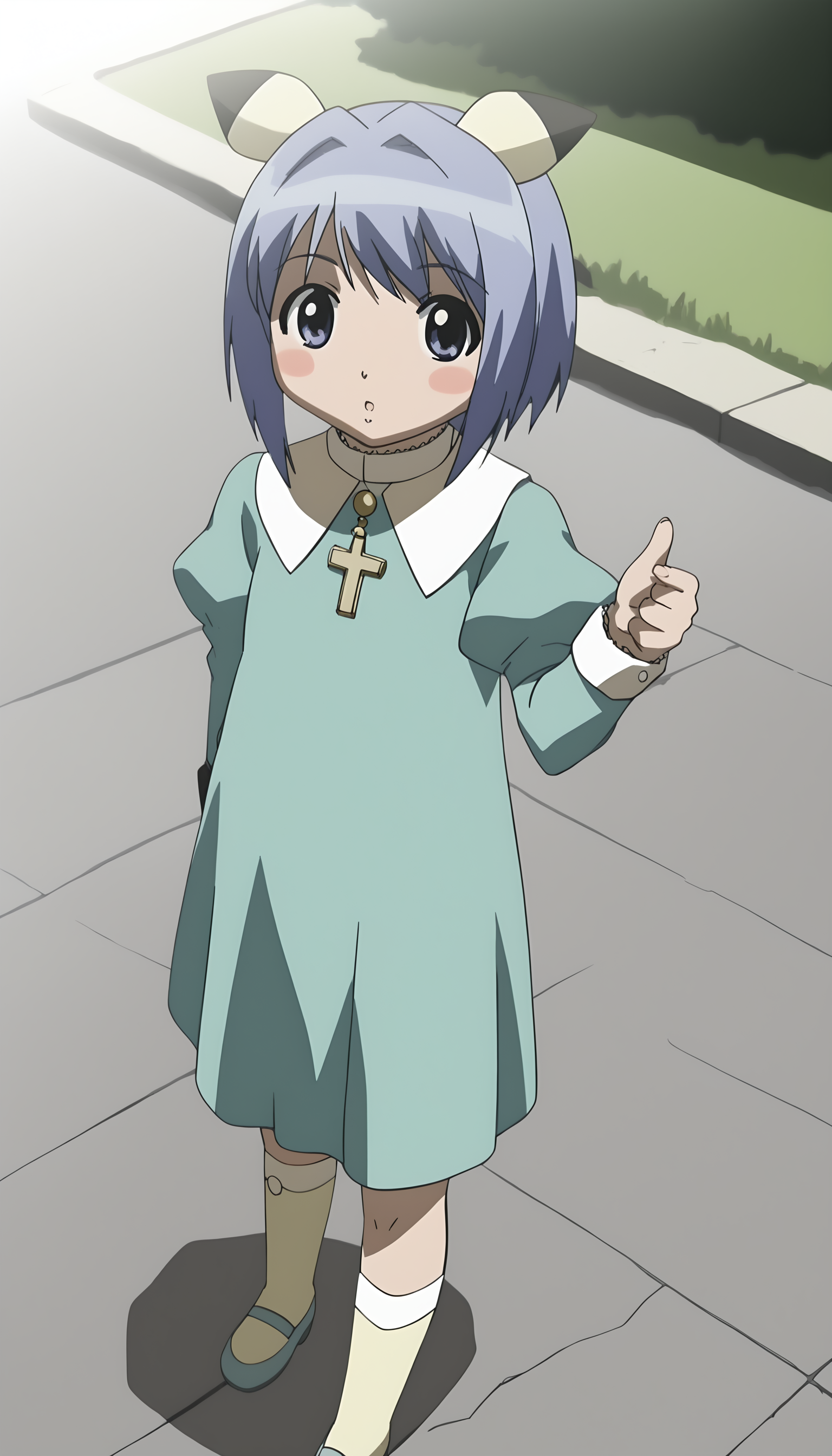 score_9, source_anime BREAK, oldest, anime screencap, outdoors,  school yard,  day, sunlight,  <lora:Fuyuno Yoshikawa(pony)-11:1>FuyunoYoshikawa, short hair, blue hair, animal ears, pikachu, hair ornament, hair intakes, blush stickers, 
dress, turquoise dress, long sleeves,  puffy sleeves, capelet,  chibi, looking at viewer, cross, latin cross,  pendant, medallion, buttons,