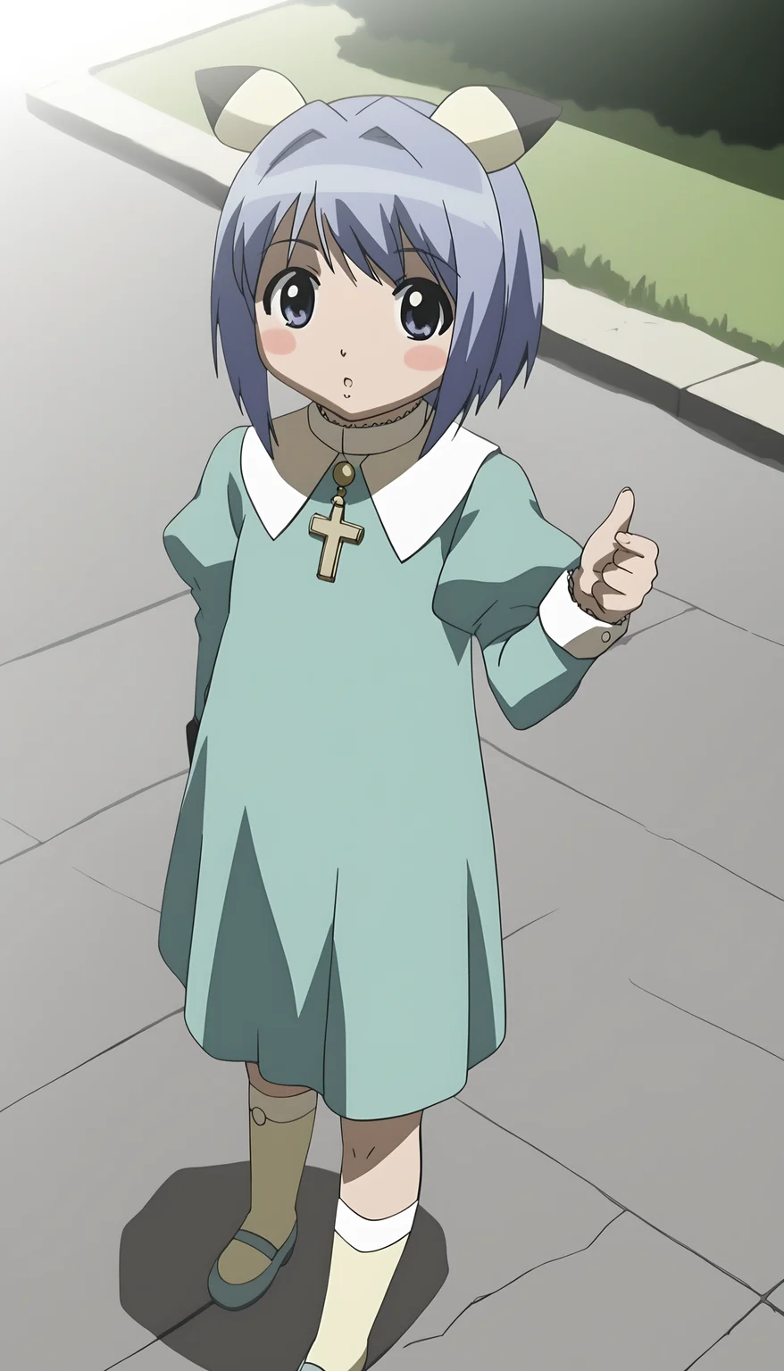 score_9, source_anime BREAK, oldest, anime screencap, outdoors, school yard, day, sunlight, <lora:Fuyuno Yoshikawa(pony)-11:1>FuyunoYoshikawa, short hair, blue hair, animal ears, pikachu, hair ornament, hair intakes, blush stickers,
dress, turquoise dress, long sleeves, puffy sleeves, capelet, chibi, looking at viewer, cross, latin cross, pendant, medallion, buttons,