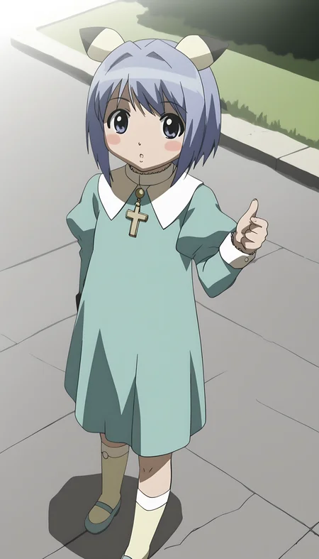 score_9, source_anime BREAK, oldest, anime screencap, outdoors, school yard, day, sunlight, <lora:Fuyuno Yoshikawa(pony)-11:1>FuyunoYoshikawa, short hair, blue hair, animal ears, pikachu, hair ornament, hair intakes, blush stickers,
dress, turquoise dress, long sleeves, puffy sleeves, capelet, chibi, looking at viewer, cross, latin cross, pendant, medallion, buttons,