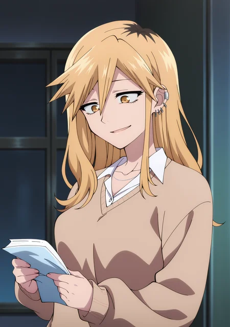 detailed background, official style,anime coloring, (anime screencap) masterpiece, detailed face,1girl <lora:Seri_Kikyou-15:0.9>Seri, two-tone hair, solo, blonde hair, jewelry, yellow eyes, holding, long hair, shirt, necklace, sweater, collared shirt, hair between eyes, white shirt, smile, brown sweater, piercing, long sleeves, bangs, indoors, earrings, breasts, collarbone, looking at viewer, parted lips, ear piercing, blurry background, upper body, school uniform, brown hair, blurry, open mouth, dress shirt, v-neck, standing, medium breasts, bags under eyes, cardigan, looking down, shiny, brown cardigan, night, wing collar