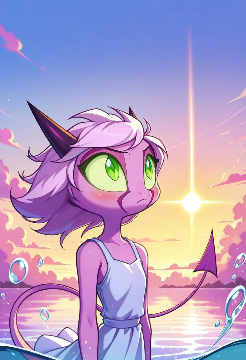 Dreamkeepers,1girl,Prelude_Namah,solo,demon tail, green eyes, horns,
child, kid,
masterpiece, high reflexion in water, vivid colors, vibrant colors, decarloxl, retro colors, 60s, very high color contrast, multicolor clouds, soap bubble, multicolor soap bubble, shirt, dress, closed mouth, standing, collarbone, white shirt, upper body, outdoors, sky, sleeveless, day, shiny, cloud, , water, white dress, shiny hair, blue sky, bare arms, floating hair, sleeveless dress, dress, swept bangs, frown, expressionless, sunlight, cloudy sky, looking up, wind, scenery, lens flare, backlighting, bubble, light blush, sunset, water drop, arms at sides, sun, sundress, twilight, evening, orange sky, pink sky,