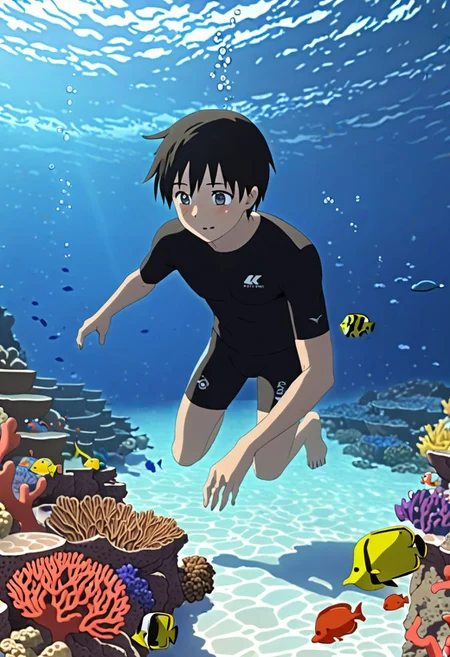 Highres, Masterpiece, High Quality, 4K, 8K, solo, 1Boy, Takaki Toono, adult, black hair, short hair, sea water, clear, calm, coral reefs, fish, marine life, diving, snorkeling, without snorkel equipment, wet, easynegative, detailed_eye_model