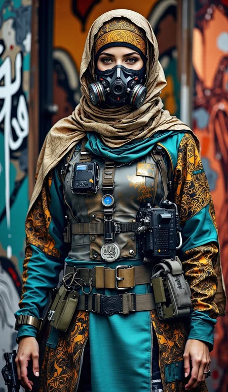 Portrait of cyberpunk warrior inArabic clothes traditions style combat gear , tactical abaya in metallic teal with modular armor panels , modern military hijab with integrated comms and HUD display , ornate Islamic patterns etched into armor plating , high-tech shemagh scarf with breathing apparatus , combat boots with desert camo patterns , military grade tactical gear and weapons with Arabic calligraphy details , neon accents in amber and red , cyberpunk meets Middle Eastern aesthetic , hyperdetailed equipment textures , urban combat environment with Arabic graffiti , dramatic rim lighting , cinematic color grading , octane render , volumetric atmosphere , photorealistic materials , 8k resolution ,