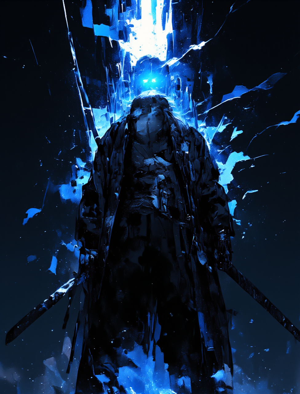 A man with white hair laid back, holding a katana with both hands, a man dressed in a long black coat, he delivers a vertical blow from which blue rays disperse,masterpiece, a cinematic shot of a katana strike,a burst of blue energy in the form of linear rays,Minimalistic black background,an evil face illuminated from the bottom up,close-up of a slashing blow from top to bottom,glowing weapon, cinematic lighting, <lora:CPA:0.8> <lora:anime_martzv2:0.5> anime_martz, <lora:FluxMythP0rtr4itStyle:0.6> ,mythp0rt, <lora:lora:1> ,dmc5vergil, black coat, fingerless gloves, pants, <lora:MJanime_Flux_LoRa:1> Anime style