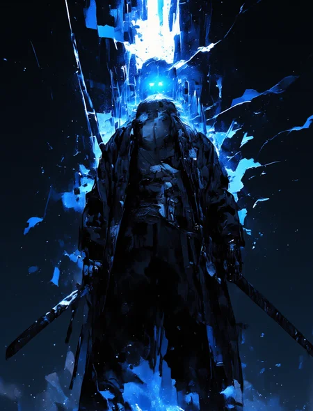 A man with white hair laid back, holding a katana with both hands, a man dressed in a long black coat, he delivers a vertical blow from which blue rays disperse,masterpiece, a cinematic shot of a katana strike,a burst of blue energy in the form of linear rays,Minimalistic black background,an evil face illuminated from the bottom up,close-up of a slashing blow from top to bottom,glowing weapon, cinematic lighting, <lora:CPA:0.8> <lora:anime_martzv2:0.5> anime_martz, <lora:FluxMythP0rtr4itStyle:0.6> ,mythp0rt, <lora:lora:1> ,dmc5vergil, black coat, fingerless gloves, pants, <lora:MJanime_Flux_LoRa:1> Anime style