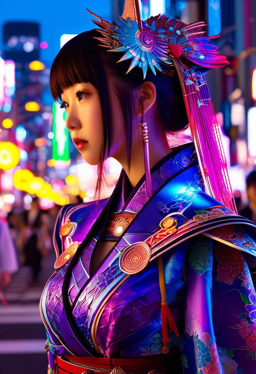 A hyper-realistic depiction of a single girl, focusing on her upper body, adorned in intricately designed fantasy clothes that blend futuristic elements with modern Japanese culture, set against a softly lit, neon-drenched Tokyo streetscape at dusk, with a shallow depth of field and a subtle lens flare, in the style of a high-fashion digital painting with vibrant, saturated colors and delicate textures, evoking a sense of dynamic energy and cultural fusion.