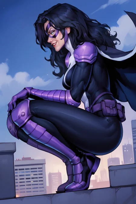 score_9, score_8_up, score_7_up, masterpiece, high quality, BREAK
<lora:Dc HuntressPonyLoRA:0.8>hntress, long hair, domino mask, shoulder armor, cape, bodysuit, gloves, utility belt, knee pads, smile, squatting, view from side, superhero pose,, on a rooftop, city scape, at night