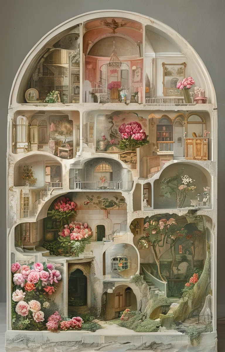 masterpiece,best quality,<lora:tbh242-sdxl:0.9>,illustration,style of Cutaway view decaying peonies