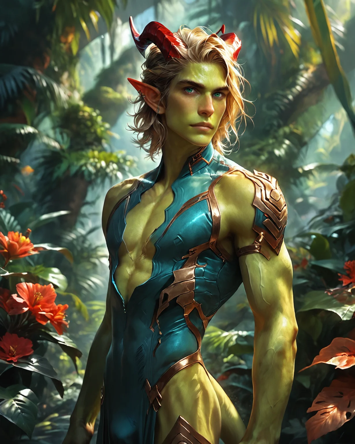 score_9, score_8_up, score_7_up, rating_questionable, intricately detailed,
<lora:Solmyr:0.8>,
1boy(Solmyr, male, green skin, red horns, cowboy shot, science fiction bodysuit, solo, looking at the viewer, heroic pose), tropical jungle, detailed background, depth of field,
<lora:ral-chrosc-clr:0.5>, ral-chrosc-clr,
<lora:Expressive_H:0.5>, Expressiveh,
<lora:xl_more_art-full_v1:0.3>,
<lora:add-detail-xl:0.3>