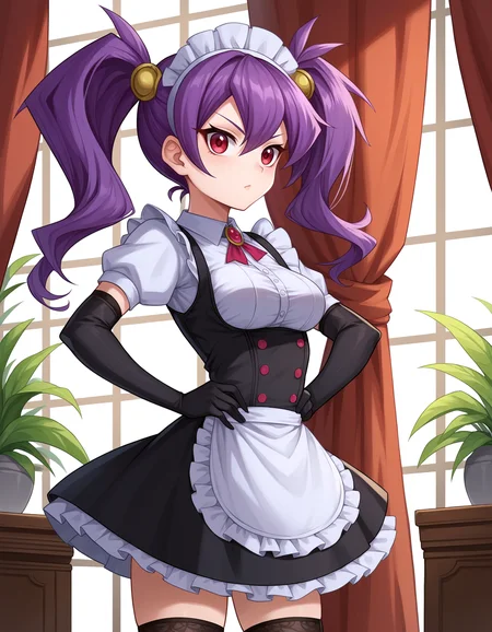 score_9,score_8_up,score_7_up, zPDXL2, yu-gi-oh! gx, anime screencap, source_anime,
1girl, solo, intense look, 
 <lora:Fujiwara_YukinoWisteria:1>, yukino_fujiwara, purple hair, long hair, twintails, red eyes, 
maid uniform, elbow gloves, cat ear headband, intricate outfit, ornate maid uniform, ornate thighhighs, 
hands on hips, serving tea,
maid cafe,  <lora:Too_many_frills_pony:0.6>, too_many_frills,