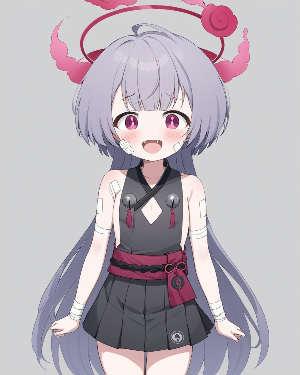shuro \(blue archive\),1girl, solo, grey_background, fangs, horns, looking_at_viewer, simple_background, open_mouth, blush, halo, sash, bandages, :d, jingle_bell, sleeveless, flat_chest, pleated_skirt, cowboy_shot, dress, ahoge, bare_shoulders
<lora:shuro_(blue_archive)_image571_2023-12-03:1>halo. gorgeous,key visual, vibrant, studio anime,award-winning, professional, highly detailed,high budget, cinemascope