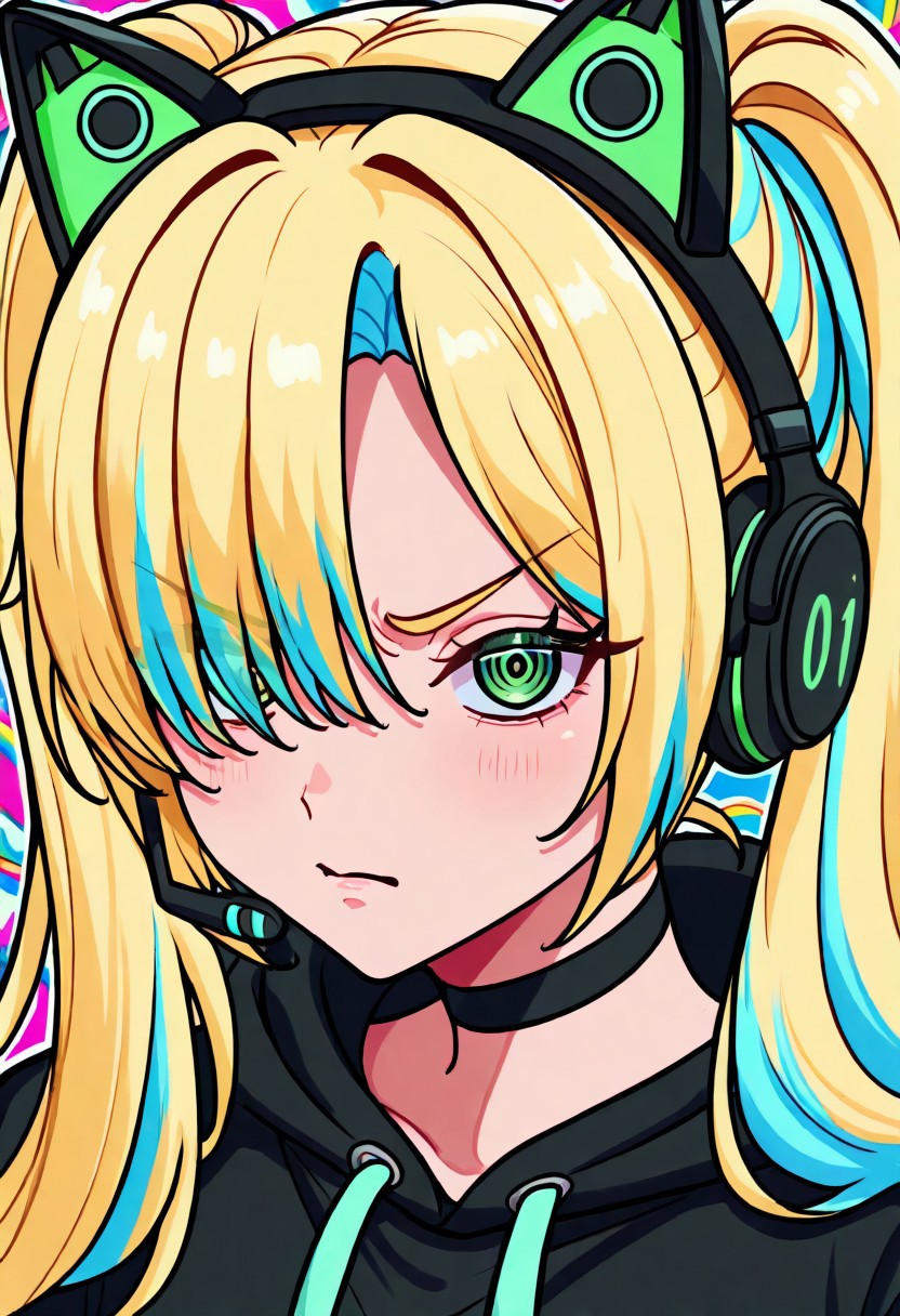 masterpiece, best quality, absurdres, highres, chromatic aberration, 1girl, solo, green eyes, eyelashes, long hair, two-toned hair, blonde hair, blue hair, twintails, bangs, hair over one eye, headset with fake cat ears, black choker, long oversized hoodie, angry, looking at viewer, hypnotized eyes, gamepad controler, upper body, closeup, face focus, simple background, psychedelic background, highly detailed, neon lights, vivid colors