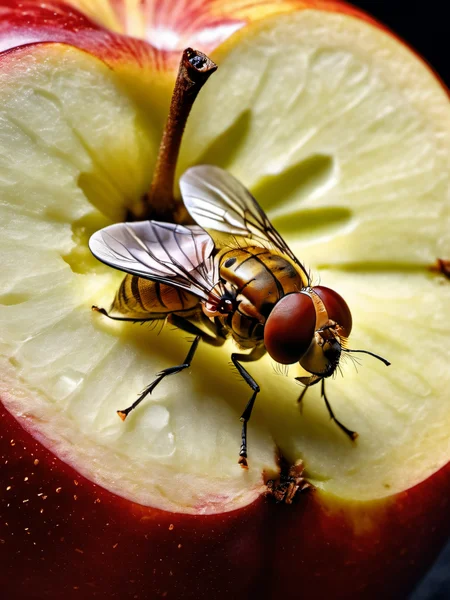 Hyperrealistic art macro shot,a fruit fly resting on a sliced open apple,absurdres,32K,intricately detailed,, Ultra-HD-details . Extremely high-resolution details, photographic, realism pushed to extreme, fine texture, incredibly lifelike
