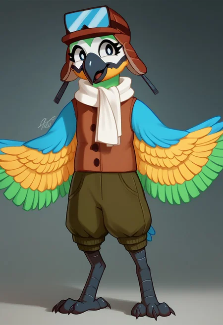 score_9, score_8_up, score_7_up, score_6_up, score_5_up, score_4_up, standing, hangar, 1girl, Mollie Macaw, bronze vest, white scarf, wings, light shading, pilot hat, full body view