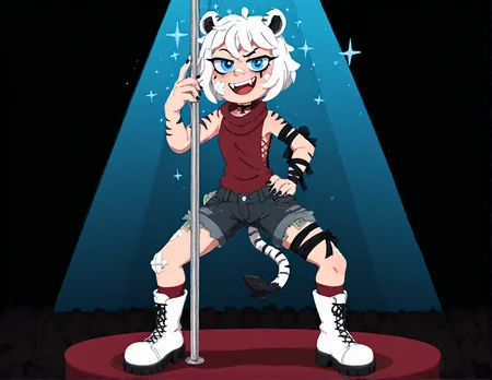 masterpiece, best quality, amazing quality, newest,2024, artistic, 2s american cartoon style, blended onto front background, anime colors, flat anime, detailed realistic cel shading,unreal,, 3d, pinuppose, cinematic perspectivem award winning art, black background,
da male, short hair, fangs, twotone hair , DEVIL TAIL, LINE LIPS, ESINGLE THIGHHIGH, CHISLED MALE FACE, tiger stripes, wide shouldersnarrow hips, wide shoulders, running eyeliner, mind break, flatchest, <lora:f3nn3rXLP:1> f3nn3r, colourful, pink, blue, black, red, trippy, mult tone hair, trippy hair, trippy eyes, punk rock,, (multi toned hair:1.3), glitch, matrix simulation, egyptian choker,, sparkles in eyes, glowing nails, <lora:Taiga5th:1> tturtleneck, bandaid on nose, bandaid on cheek, cross, Taigaholic, laced sides, femboy, white hair, short hair, sleeveless, black denim shorts, single, blue eyes, choker, black nails, white boots, exposed pockets , winged boots, arm ribbon, thigh ribbon, Burgandy single thigh high, asymetrical asymmetrical legwear,solo, white hair, red shirt, messy hair,sidelockes , extreme zoom in, tiger ears, tiger stripes, glittery , spectral short haired version, smug, constellations, bltiger tail, tiger ears, tiger tail, hand on own hip, seductive lean, excessive lody lean, ( bowlegged pose, bowlegged:1.5) , spotlight, stripclube, stripper pole, pole dancing, audience, hand on pole, (croptop:-1), faceless crowd, money on stage, smug,