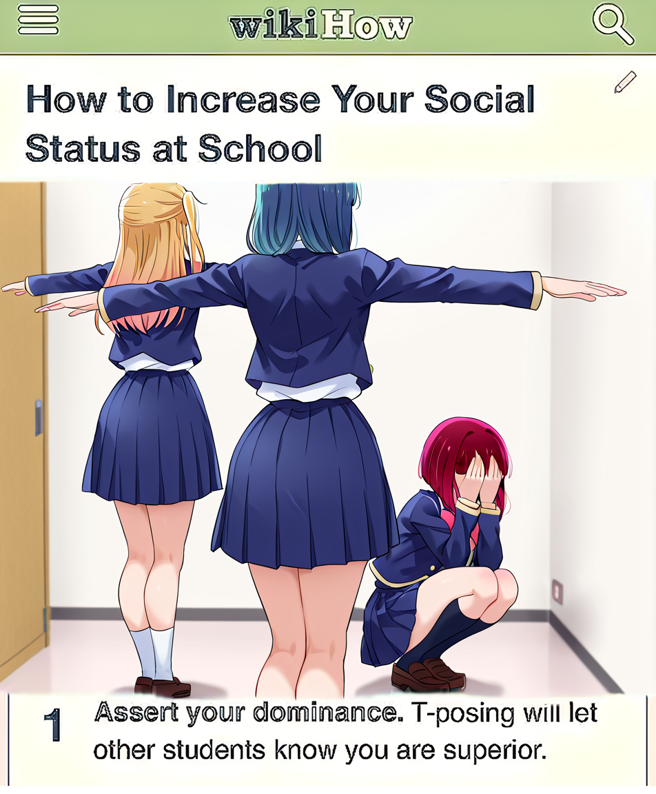 masterpiece, best quality, absurdres, assert_your_dominance_(meme), 3girls, school uniform, indoors, wall, corner, 
BREAK 
2girls, hoshino ruby, kurokawa akane, t-pose, standing, from behind, spread arms, 
BREAK
arima kana, squatting, covering face, hands on own face, 
<lora:assert_your_dominance_meme:1>