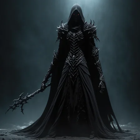 In the depths of a forsaken realm, a specter takes shape, its presence a palpable manifestation of malignancy. The air is heavy with the scent of decay as the figure's plated armor appears to seep from the very darkness itself. A faint, eerie glow emanates from the hood's void, casting an otherworldly light upon the surroundings, Cinematic silhouettes dance across the fantasy landscape as a hooded reaper kneels, shrouded in an aura of foreboding. The armor, a twisted mesh of skeletal remains, seems to shift and writhe like a living entity. Cape fragments billow behind, as if caught in an unseen gale, while luminous particles swirl around the figure like restless spirits, From the very depths of tenebrosity, a figure coalesces, its presence a palpable, malignant force. The hood casts a void-like shadow over the face, while the armor seems to grow, an organic manifestation of the darkness itself. A faint, crimson glow seeps from the figure, casting an eerie light upon the surroundings, as if the very essence of evil has taken form, A hooded form kneels, shrouded in an aura of malevolent energy. The armor, a twisted masterpiece of macabre craftsmanship, appears to seep from the shadows themselves. Cape fragments flutter behind, like restless spirits, as luminous particles swirl around the figure, casting an otherworldly glow upon the fantasy landscape