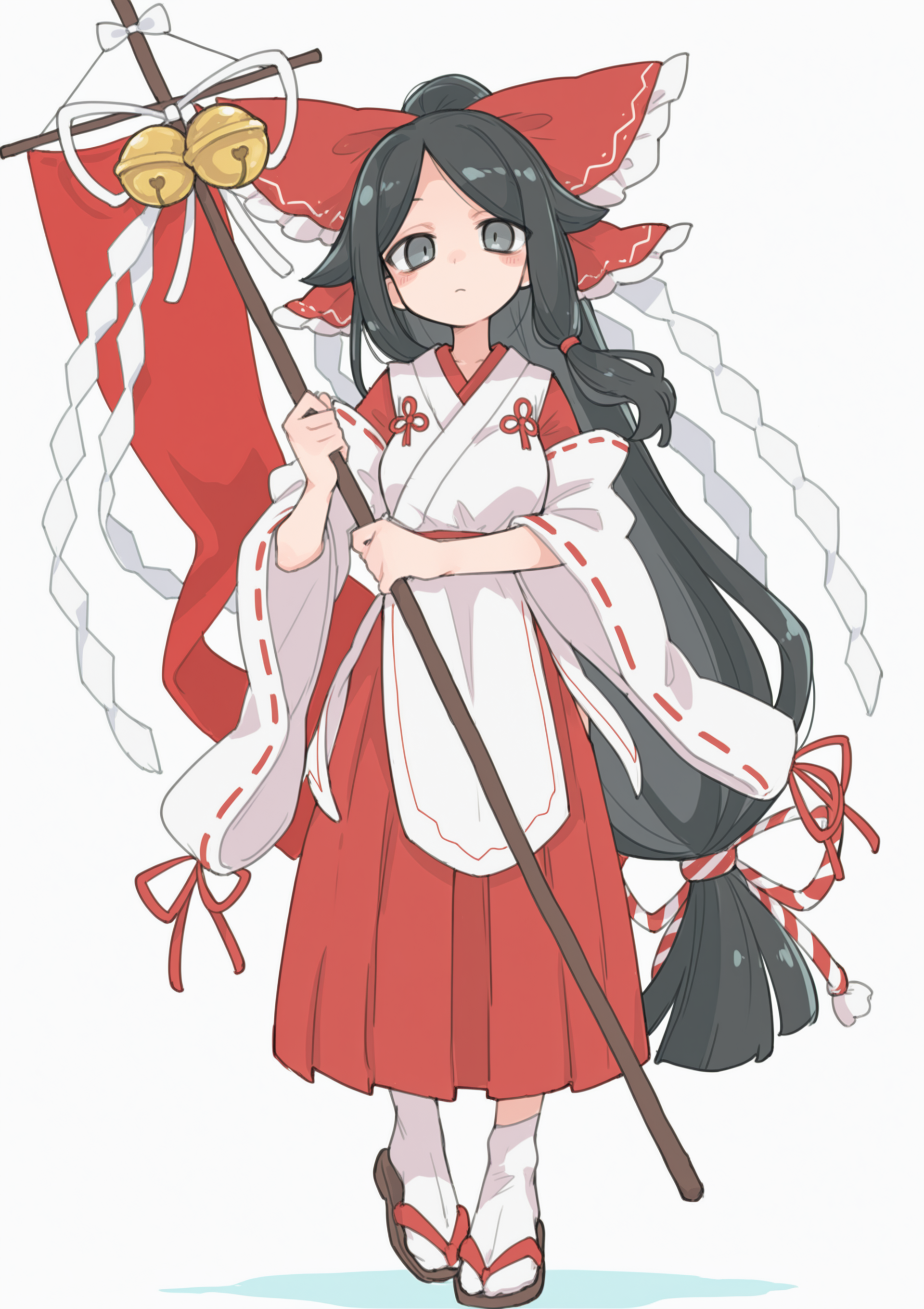 <lora:fdshakureimiko-000009:1>, [fdshakureimiko, large_bow, red bow, hair_tube, white kimono, red hakama, ribbon trim, ribbon-trimmed sleeves, zouri, black hair, grey eyes, low-tied long hair, ]ãbellgohei, holding, staff, cross, shide, jingle bell, flag, banner, rope, ],, newest,absurdres,highres,(masterpiece, best quality, very aesthetic),absurdres,aesthetic,detailed,beautiful color,amazing quality,masterpiece,best quality, (koyama_shigeru:.4), (by muji \(uimss\):0.4),<lora:noob05-unarsite-unet only-nov24v3:.8><lora:noob-ao6336-nov01:.6>(by massakasama:0.1),(mikozin:0.4),(shikido (khf):0.4)