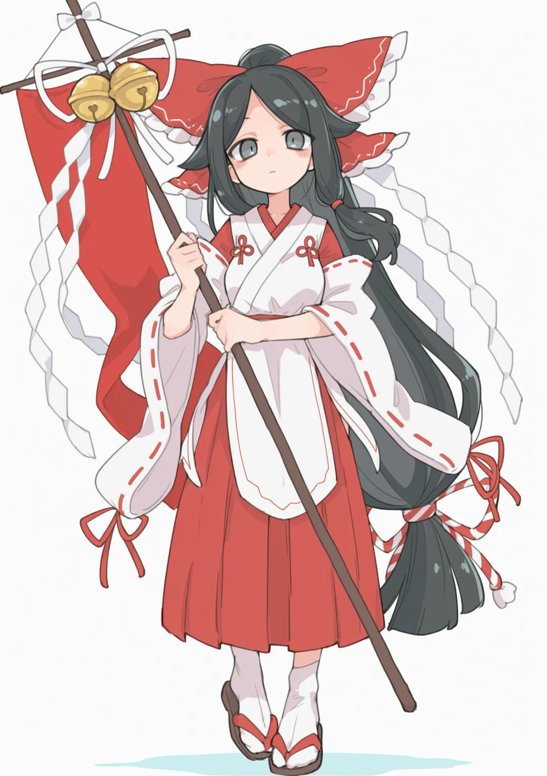 <lora:fdshakureimiko-000009:1>, [fdshakureimiko, large_bow, red bow, hair_tube, white kimono, red hakama, ribbon trim, ribbon-trimmed sleeves, zouri, black hair, grey eyes, low-tied long hair, ]ãbellgohei, holding, staff, cross, shide, jingle bell, flag, banner, rope, ],, newest,absurdres,highres,(masterpiece, best quality, very aesthetic),absurdres,aesthetic,detailed,beautiful color,amazing quality,masterpiece,best quality, (koyama_shigeru:.4), (by muji \(uimss\):0.4),<lora:noob05-unarsite-unet only-nov24v3:.8><lora:noob-ao6336-nov01:.6>(by massakasama:0.1),(mikozin:0.4),(shikido (khf):0.4)