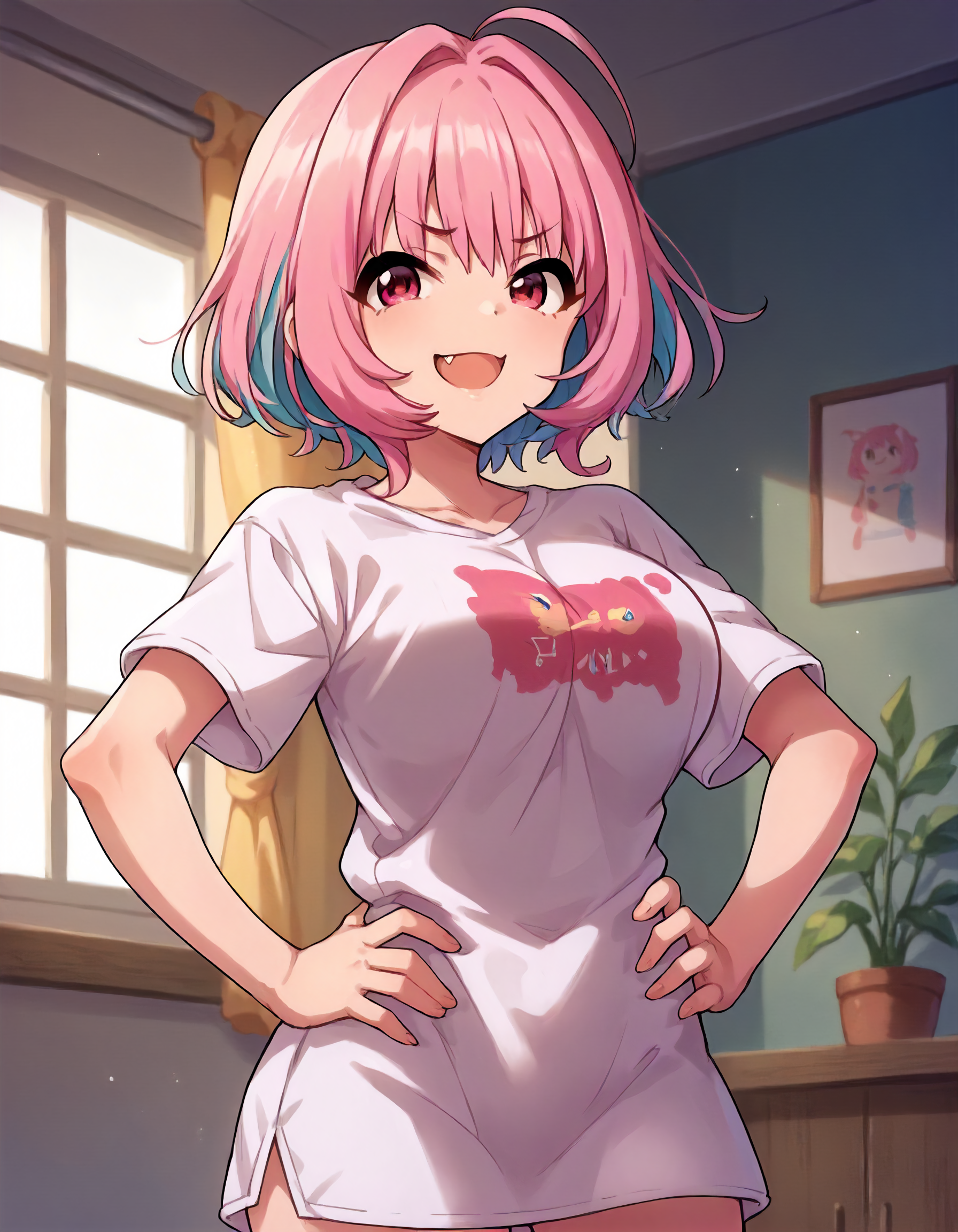 score_9,score_8_up,score_7_up,1girl,solo,cowboy shot,looking at viewer,smug,open mouth,fang,hands on hips,indoors,
<lora:yumemiriamu_ponyXLV6:0.8>,cgyr,
pink hair,aqua hair,multicolored hair,ahoge,short hair,pink eyes,large breasts,
white T-shirt