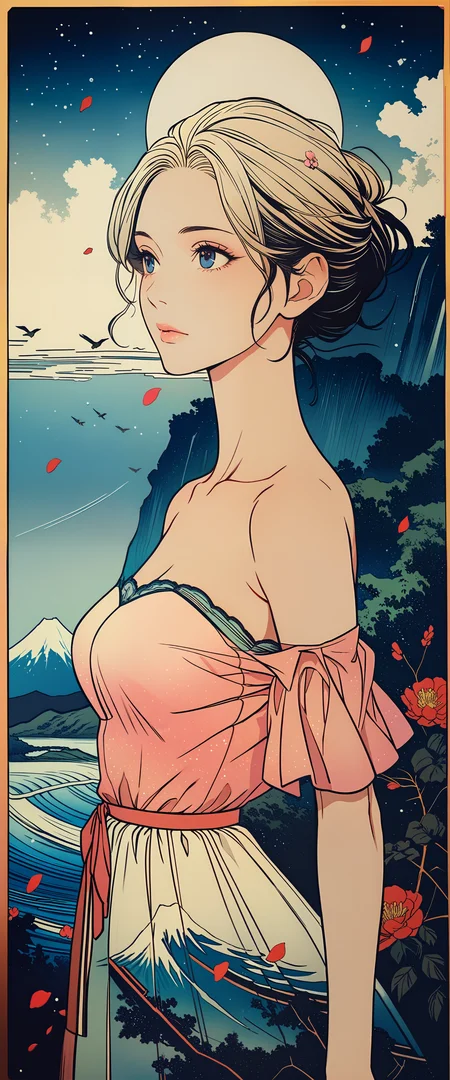 masterpiece, best quality, very aesthetic, absurdres, Professional Fashion concept, Ukiyo-e art styles, woodcuts style, by Hiroshige and Satoshi Kon and Victo Ngai,  KHsty-XL, <lora:KHsty-XL-v3-AN:0.5>, 
break
1girl, supermodel, solo, aged up, mature, detailed beautiful face, lips, tears, Japanese beauties, sleek and modern midi dress with a high neckline and a body-skimming silhouette,, strapless, off shoulder, bare shoulders, collarbone, looking away, dancing pose, dutch angle, perfect composition, perspective, 
break
magnificent scenery, storm, wind, rain, mist, ocean, huge waves, waterfall, lake, village, river, cloud, flowers, cherry blossoms, plum blossoms, peony, floral, birds, cherry petals flying in the air, leaf, plant, tree, lush green rice paddies, moon, moonlight, cliff, wind effects, mount fuji, galaxy, starry sky, nebula, shooting star, milky way, planets, splendid, panoramic, outdoors, The Beauty of Nature, The Aesthetics of Nature, Zen-tangle,
break
cinematic, 60s, highly detailed, extremely detailed, intricate details, fine texture, crisp detail, crisp edges, muted minimal, line art, iridescent, high contrast, shadows, chromatic aberration, color designed by Ilya Kuvshinov and Makoto Shinkai, [shadowgraph],
break
<lora:Midjourney Image Enhancer XL v1:0.5>, <lora:MJ52:0.5>, <lora:VOGUE_Fashion_Magazine_Cover_Vintage_1960-1975_SDXL:0.5>, <lora:sinfully_stylish_SDKL:0.1>, <lora:Desolation:0.1>, <lora:add-detail-xl:1.5>,