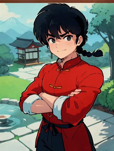 best quality, masterpiece,anime,saotomeranma,1boy, hotwater, standing with a japanese garden in the background, <lora:ranma_v1:0.8>,(cowboy_shot),red chinese clothes, black pants, posing, big black eyes,happy