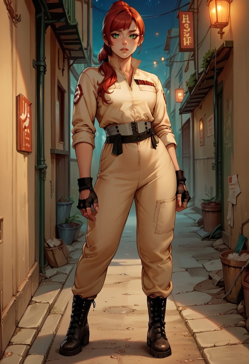 score_9, score_8_up, score_7_up, score_6_up, 1girl, red hair, ponytail, bangs, green eyes, gbs jumpsuit, fingerless gloves, gbs belt, gbs boots, full body, in alley, night